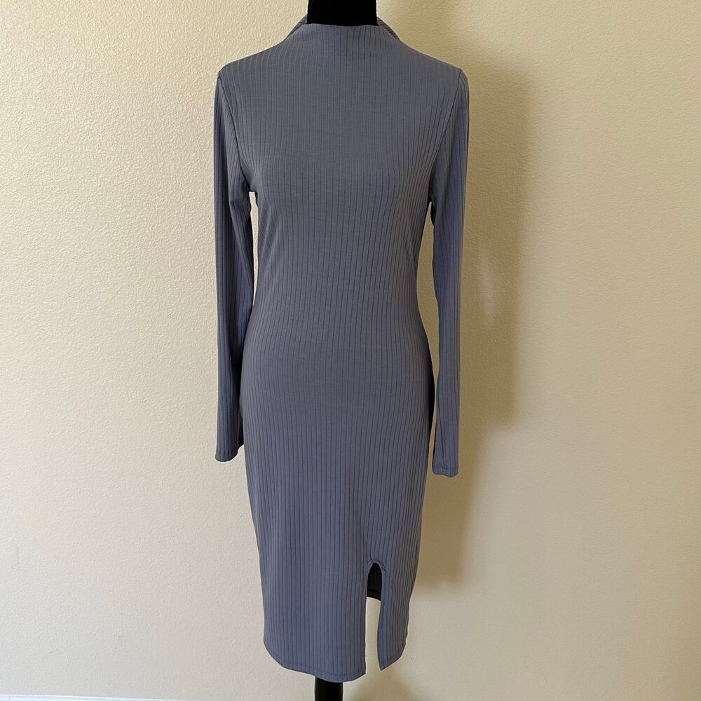 Fashion Nova Women’s Long Sleeves Ribbed High Neck Blue Midi Dress Size L NWT